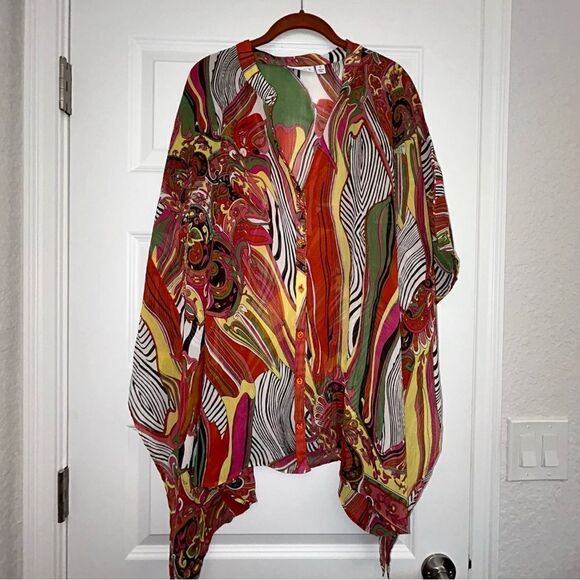 Susan Graver Floral Animal Paisley Print Button Front Kimono Sheer Blouse Top - Picture 1 of 7